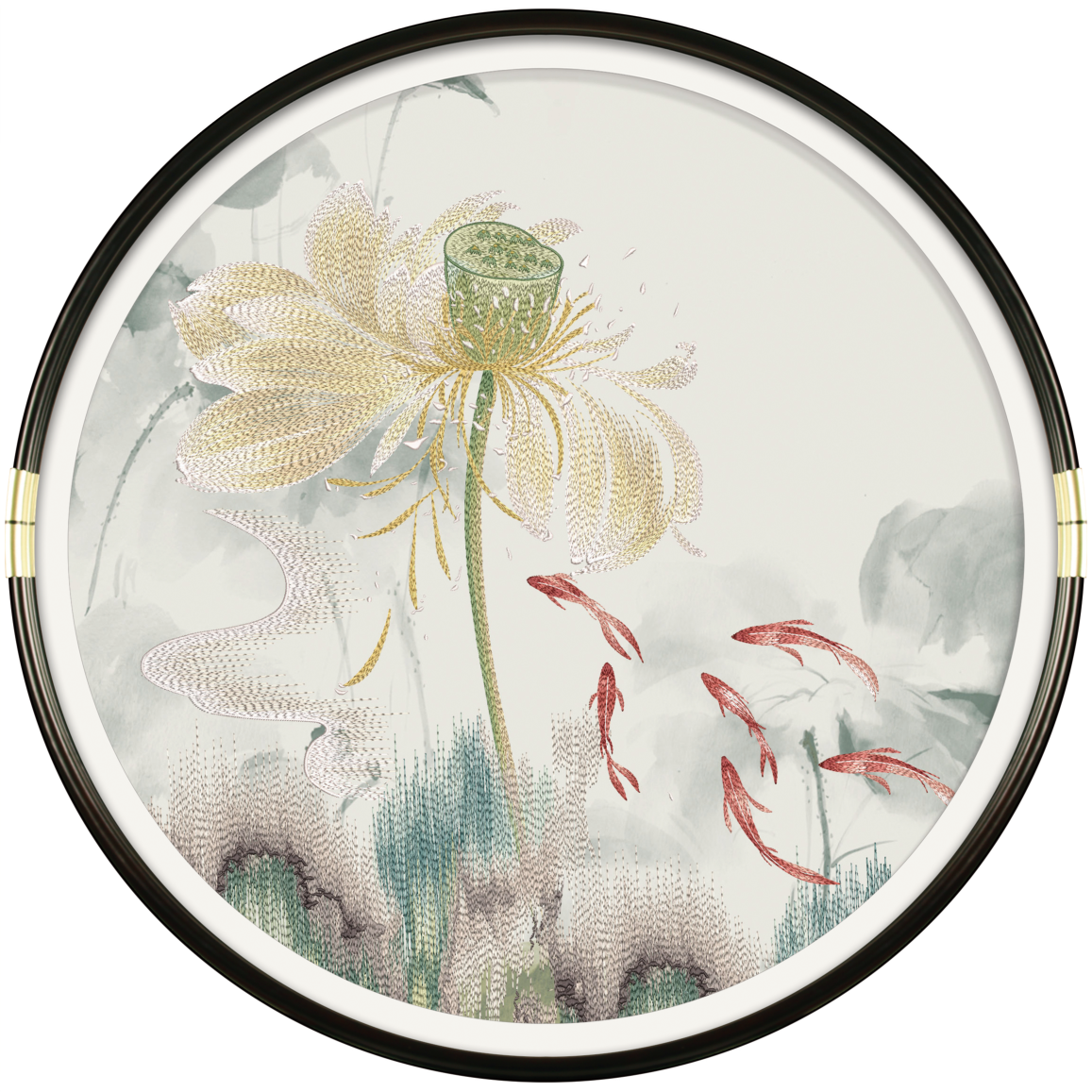 Round Chinese Ink Style Embroidery Wall Art