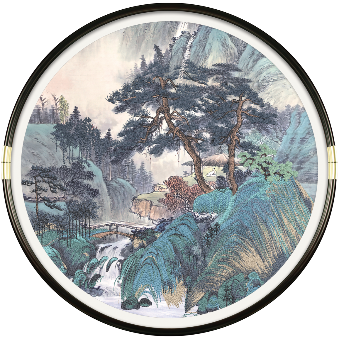 Round Chinese Ink Style Embroidery Wall Art