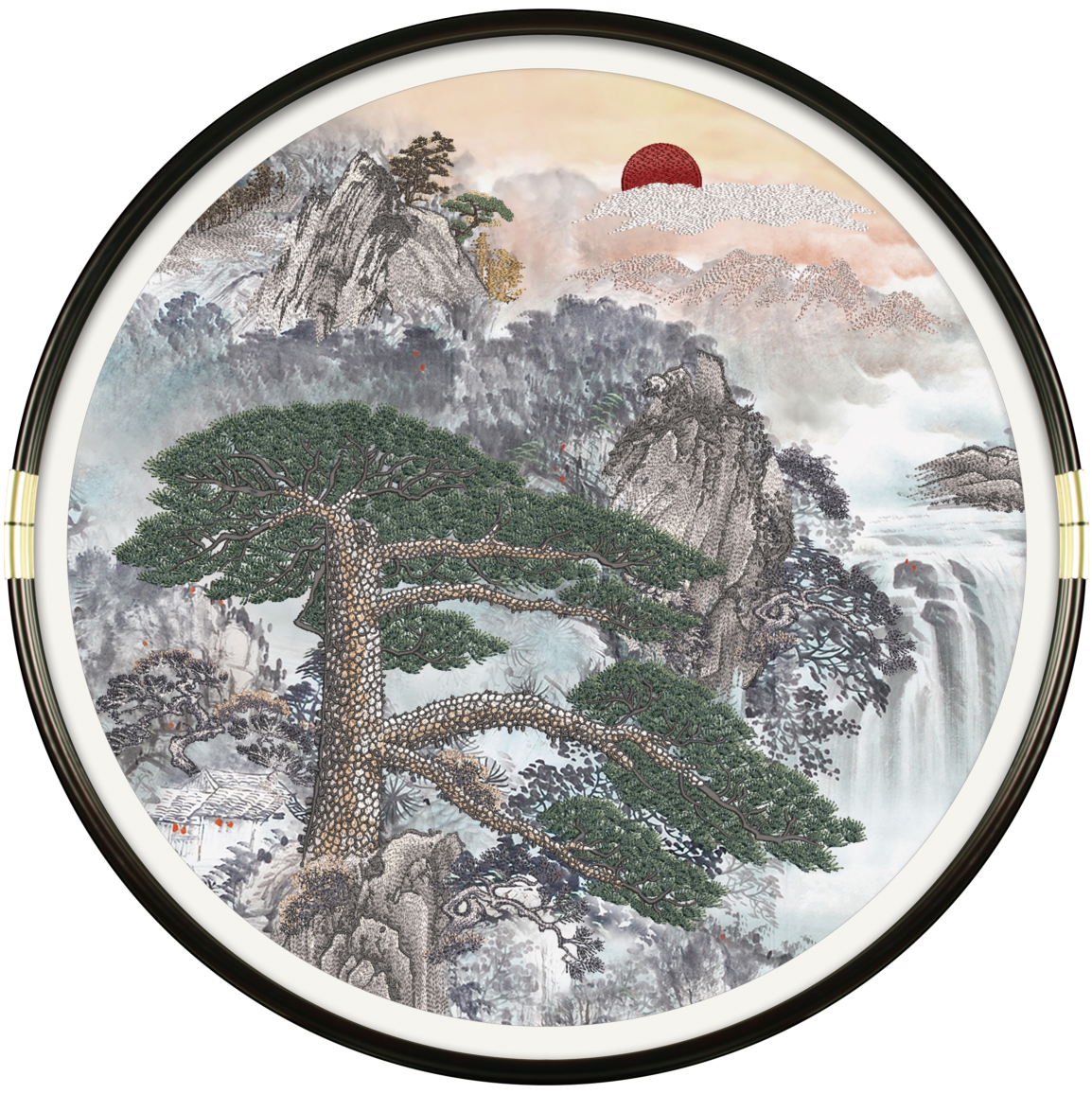 Round Chinese Ink Style Embroidery Wall Art