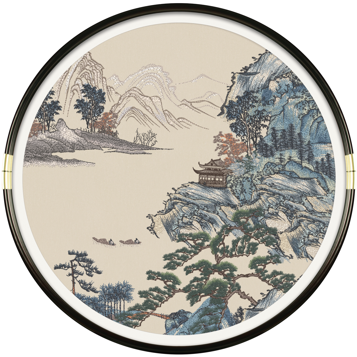 Round Chinese Ink Style Embroidery Wall Art